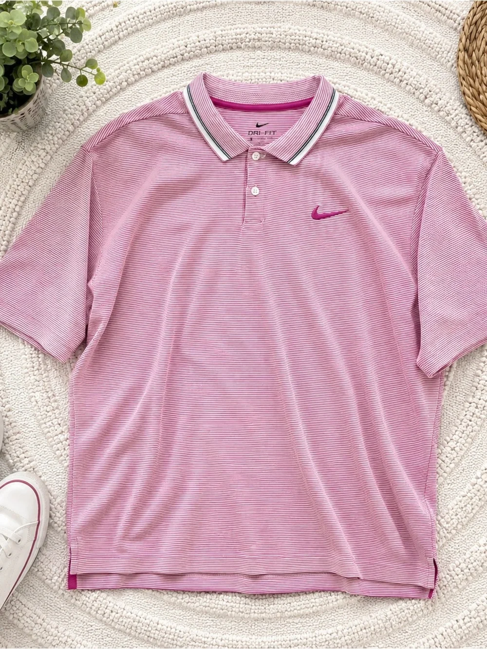 NIKE Dri-Fit Men's XL Pink Stripe Golf Polo Swoosh Short Sleeves
